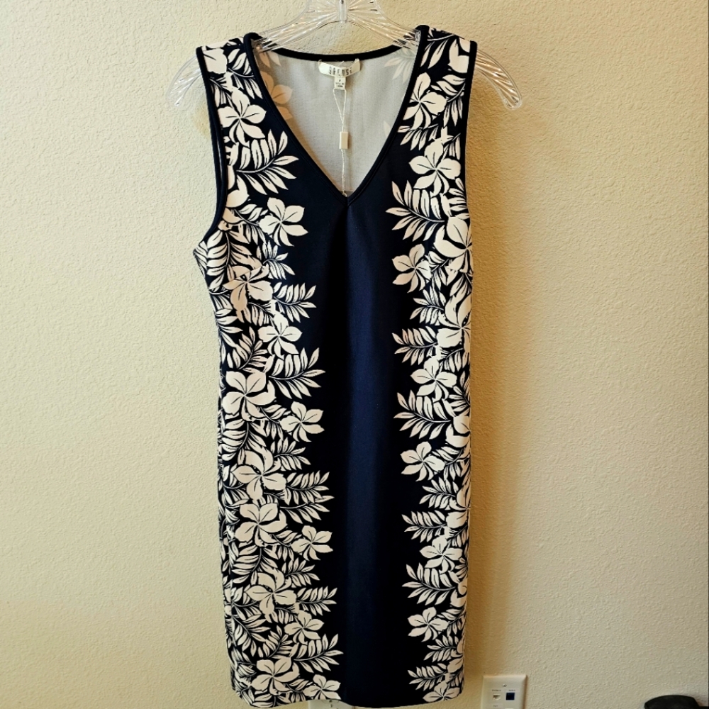 Spense Dress Navy Blue White Hibiscus Floral Stretch Sz 6